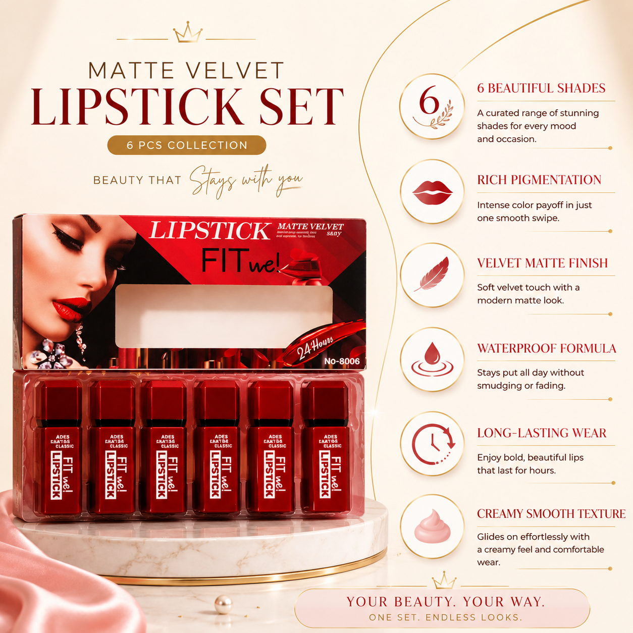 6 PCS Matte Velvet Lipstick Set – Long-Lasting Creamy Lip Color Collection (Red Shades)