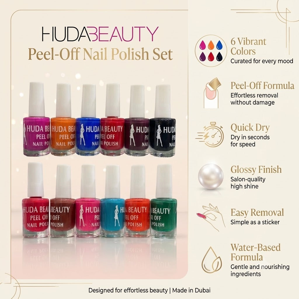 HUDA BEAUTY Peel-Off Nail Polish Set – 6 Vibrant Colors | Glossy Finish | Easy Removal