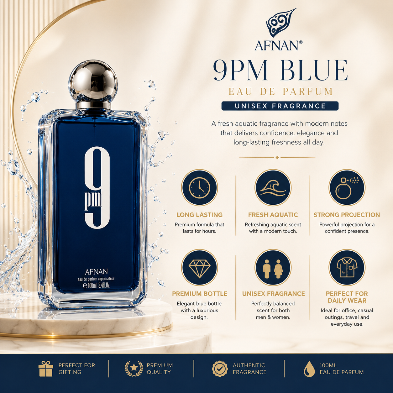 Afnan 9PM Blue Eau De Parfum 100ml – Premium Long Lasting Fresh Unisex Perfume