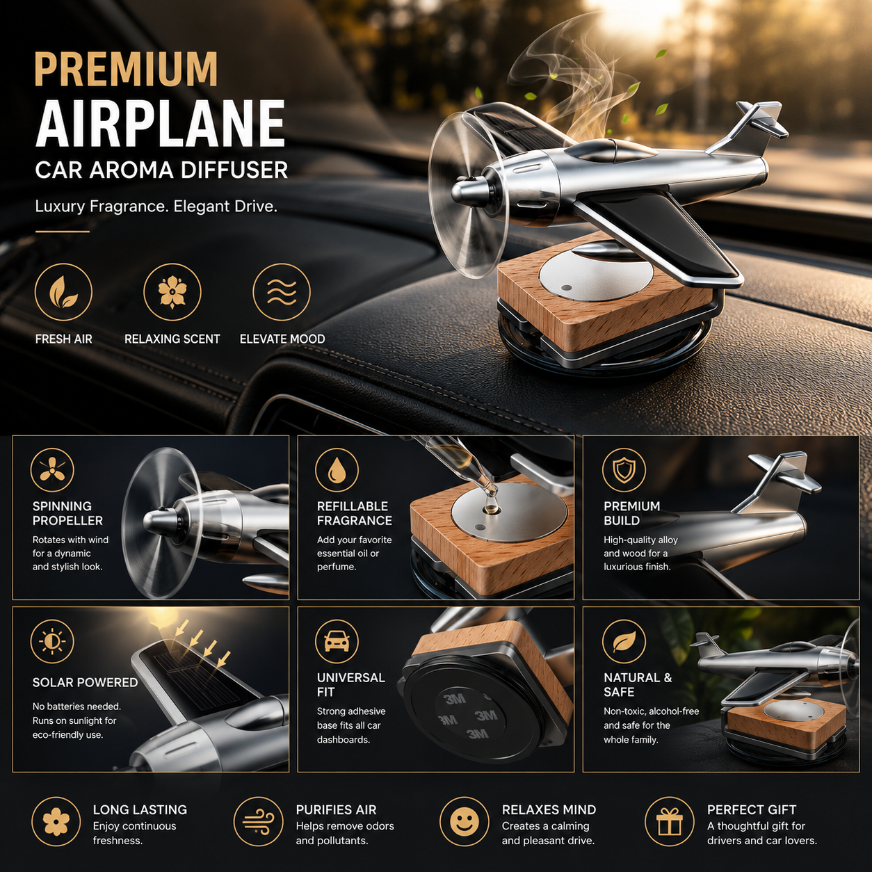 Solar Airplane Car Perfume Diffuser – Silver Aircraft Dashboard Air Freshener
