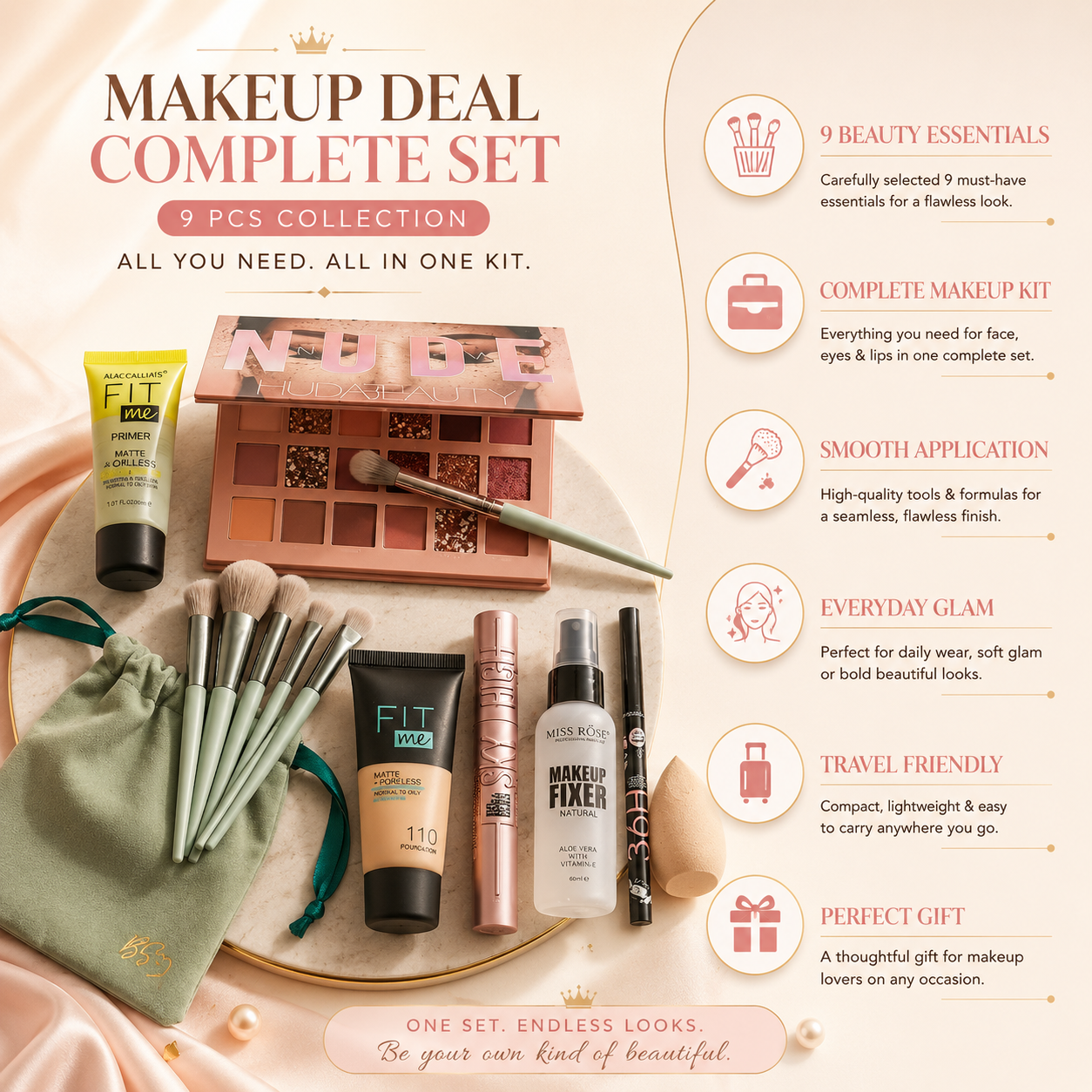 9 PCS Makeup Deal – Complete Beauty Essentials Set for Everyday Glam