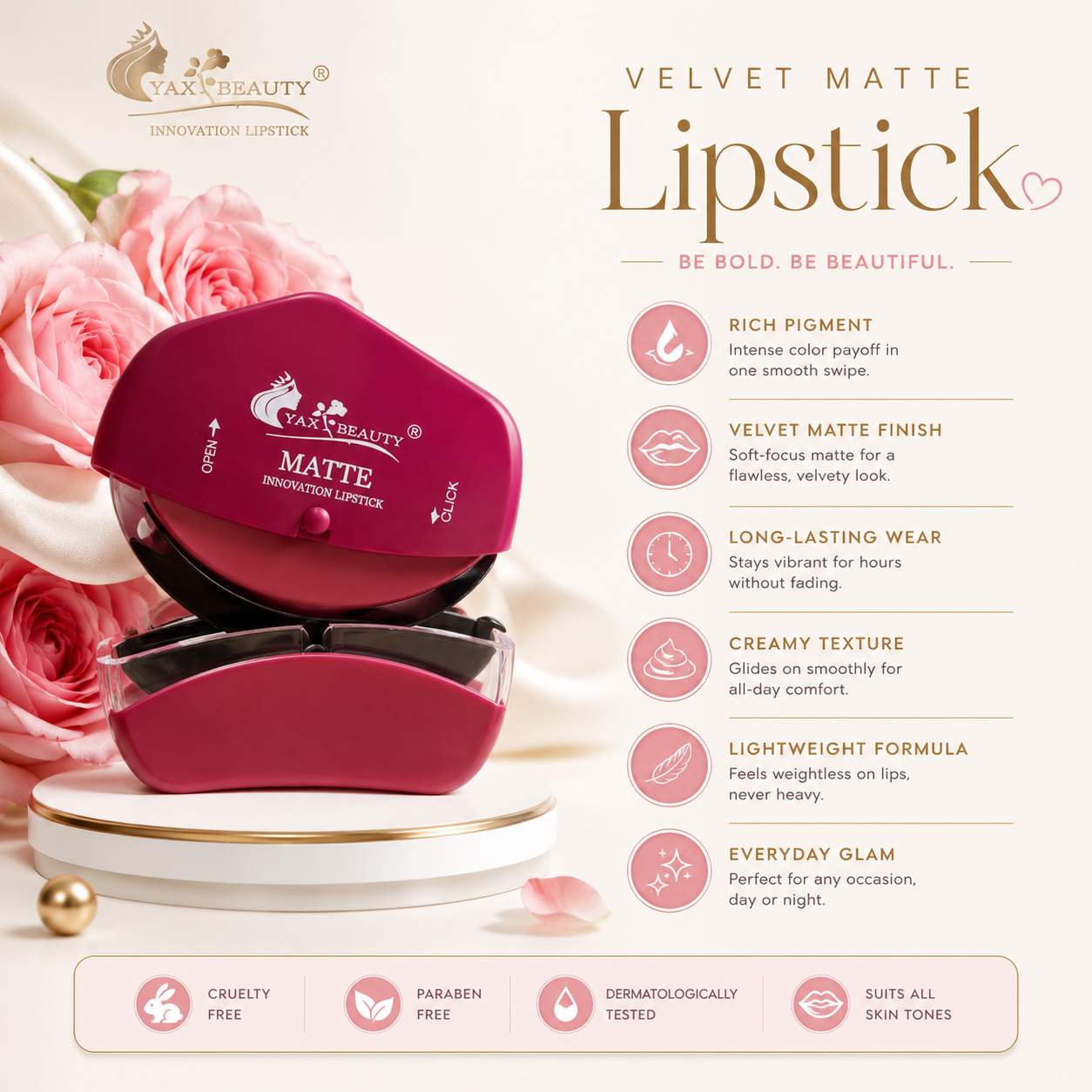 YAXI Beauty Velvet Matte Lipstick – Long-Lasting Smooth Matte Lip Color