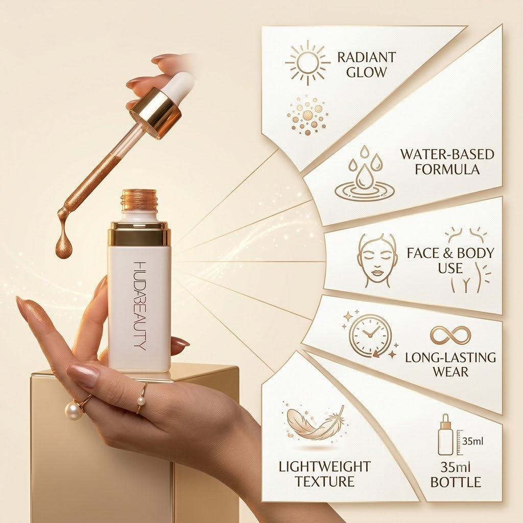 HUDA BEAUTY N.Y.M.P.H. All Over Body Highlighter – Liquid Face & Body Illuminator | 35ml