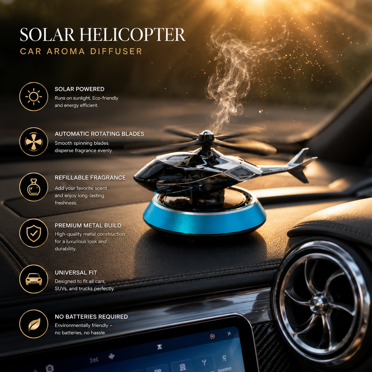 Solar-Powered Helicopter Car Aroma Diffuser – Refillable Dashboard Air Freshener