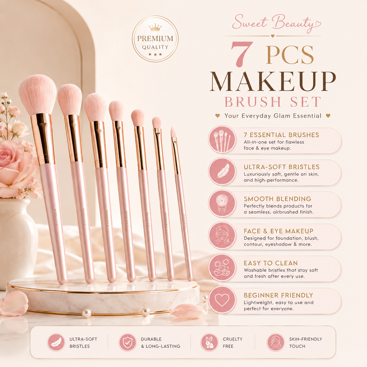 Sweet Beauty 7 PCS Makeup Brush Set – Professional Soft Brush Kit (Random Color)