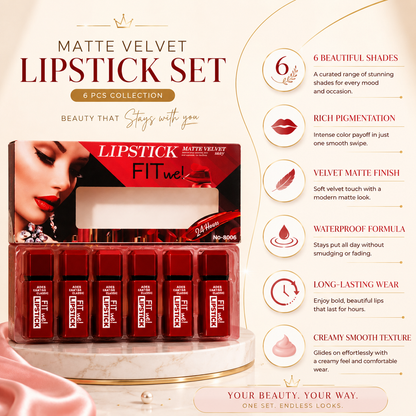 6 PCS Matte Velvet Lipstick Set – Long-Lasting Creamy Lip Color Collection (Red Shades)