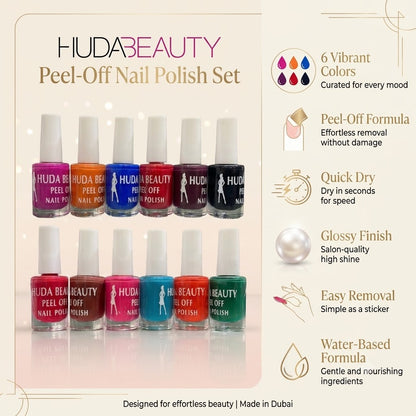 HUDA BEAUTY Peel-Off Nail Polish Set – 6 Vibrant Colors | Glossy Finish | Easy Removal