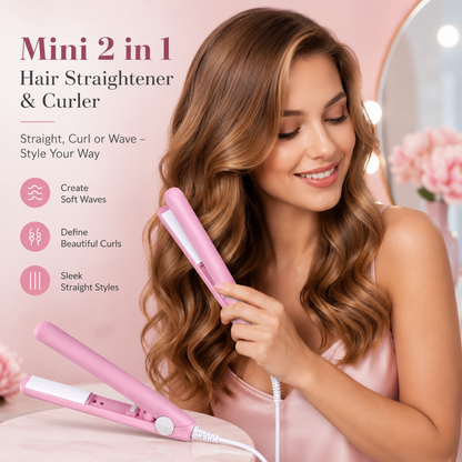 2-in-1 Mini Ceramic Hair Straightener & Curler – Portable Styling Iron