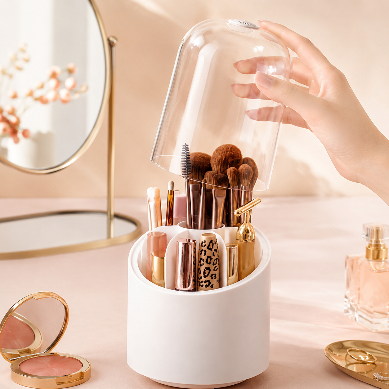 360° Rotating Makeup Brush Organizer & Cosmetic Storage Box