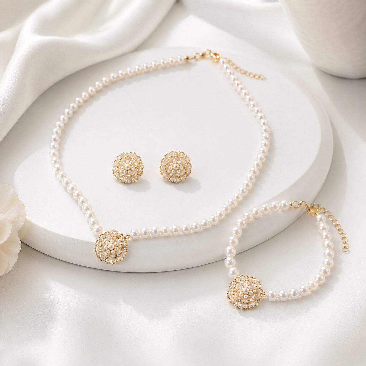 Black Flower Design Pearl Jewellery Set for Women – Necklace, Earrings & Bracelet
