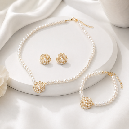 Black Flower Design Pearl Jewellery Set for Women – Necklace, Earrings & Bracelet