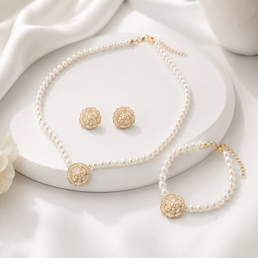 Black Flower Design Pearl Jewellery Set for Women – Necklace, Earrings & Bracelet