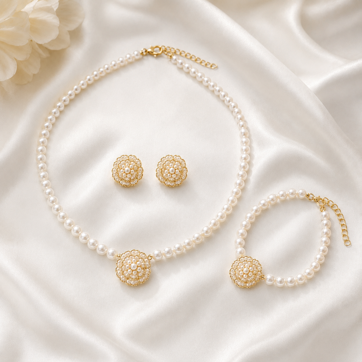 Black Flower Design Pearl Jewellery Set for Women – Necklace, Earrings & Bracelet