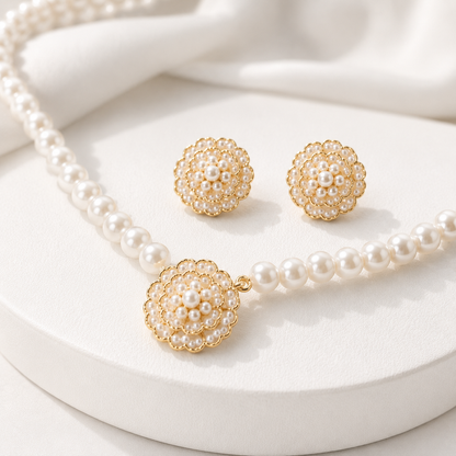Black Flower Design Pearl Jewellery Set for Women – Necklace, Earrings & Bracelet