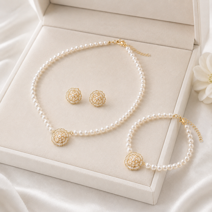 Black Flower Design Pearl Jewellery Set for Women – Necklace, Earrings & Bracelet