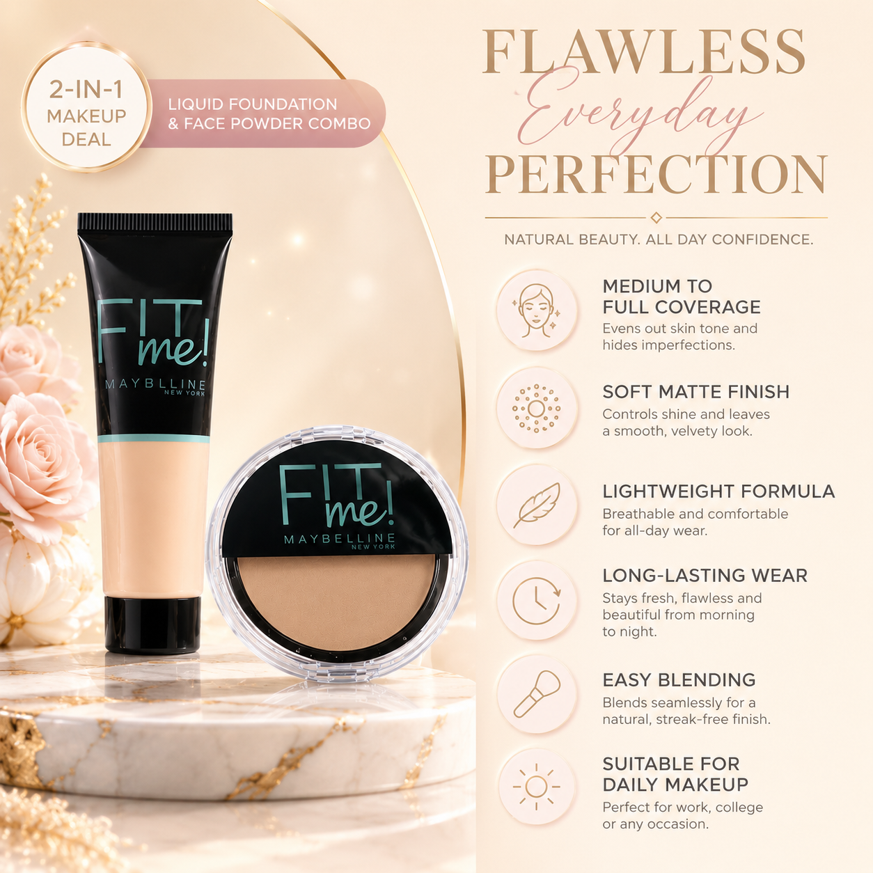 2-in-1 Makeup Deal – Liquid Foundation &amp; Face Powder Combo (Ivory Shade)